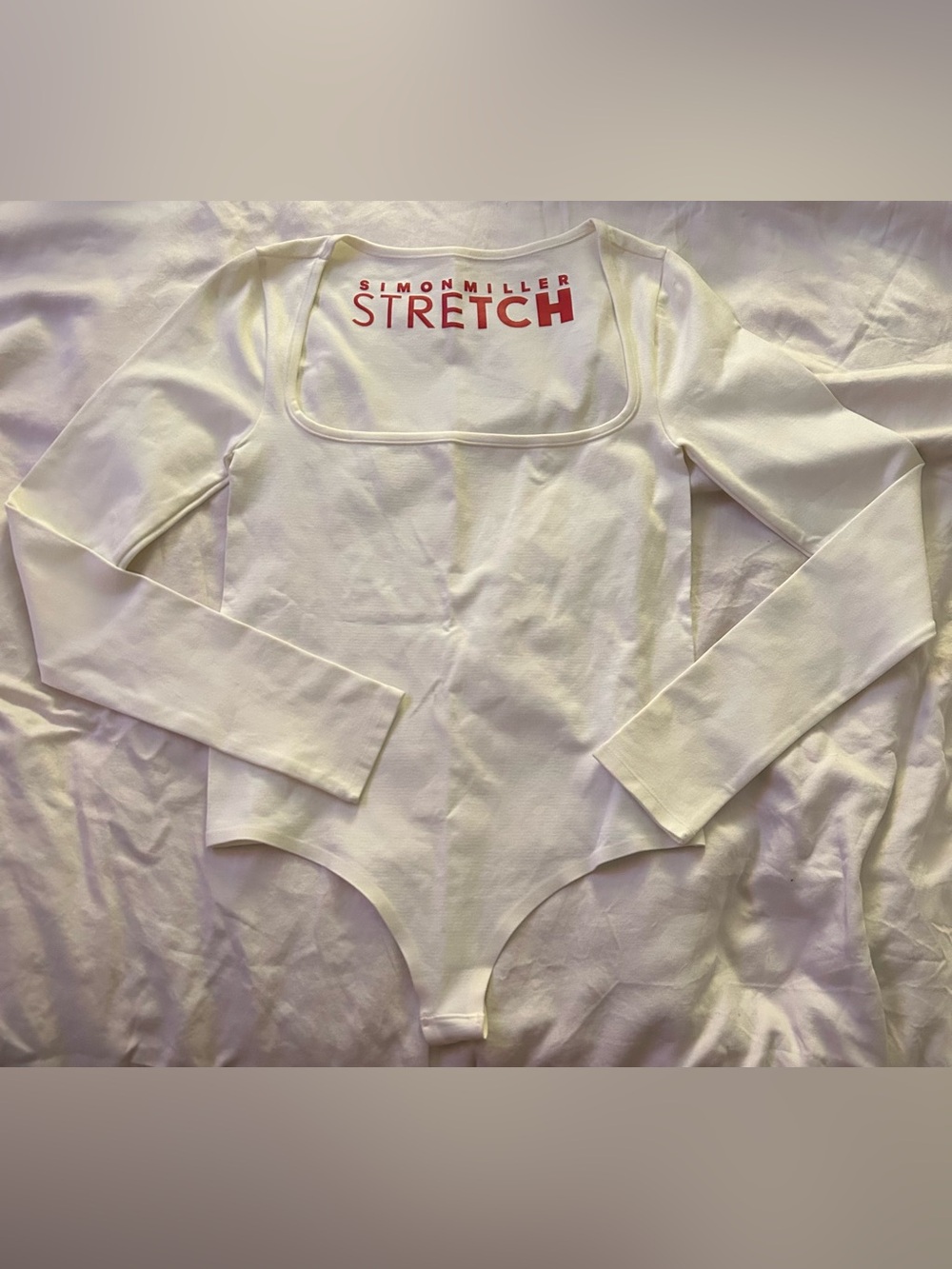 Simon Miller White Square-Neck Long-Sleeve Bodysuit with Red Logo